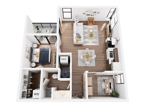 Floor plan for 1 bed, 1 bath, 743 sqft